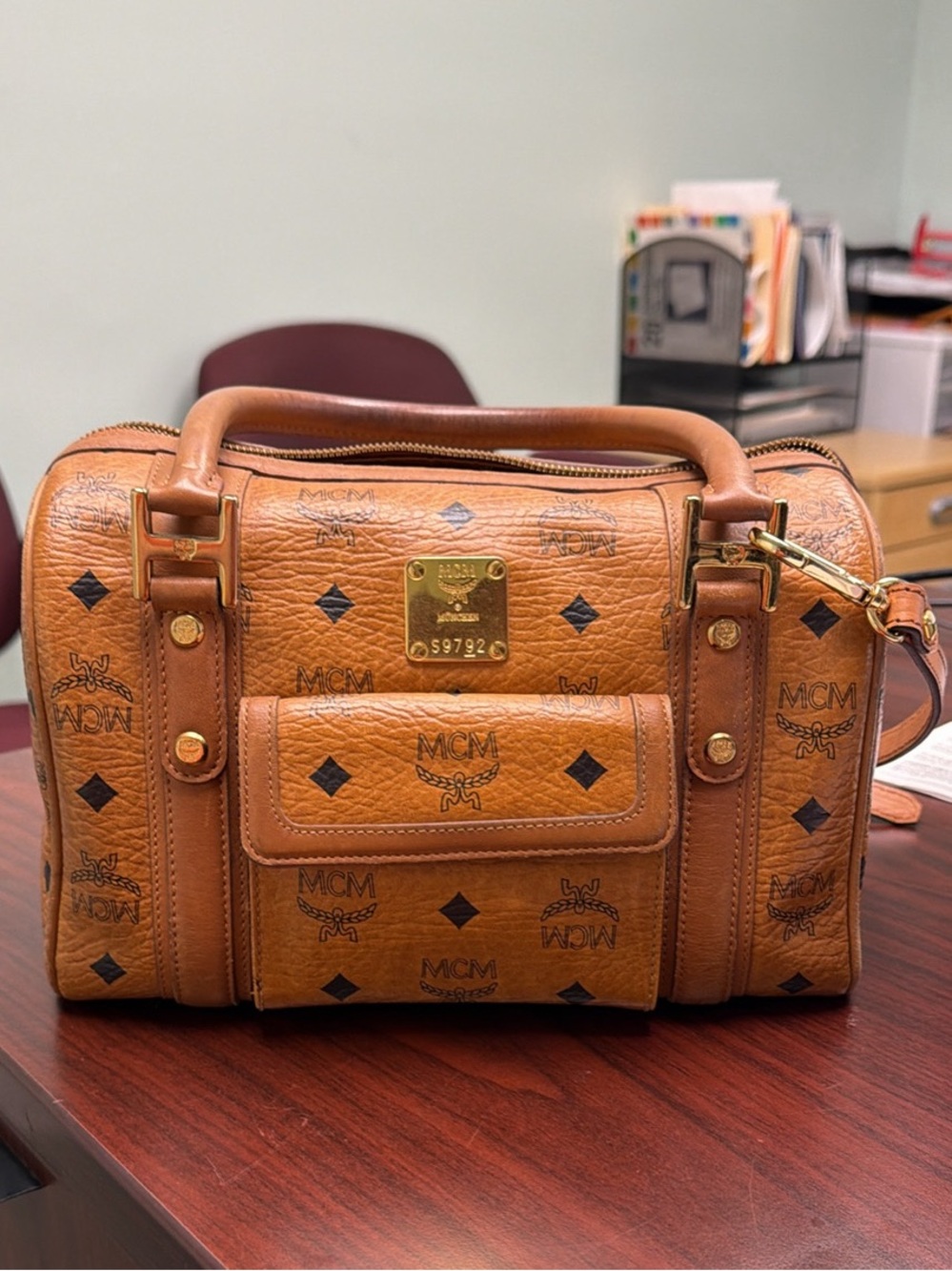 MCM Cognac Visetos Monogram Boston Bag